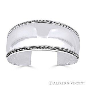 Polished & Rib-Detailed Adjustable Open Wide-Cuff Bangle in .925 Sterling Silver